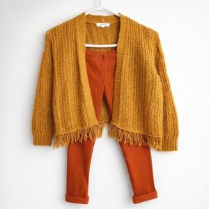 ​Blumind Boho Mustard Yellow Fringe Open-Knit Cardigan Rust Ribbed Leggings Set